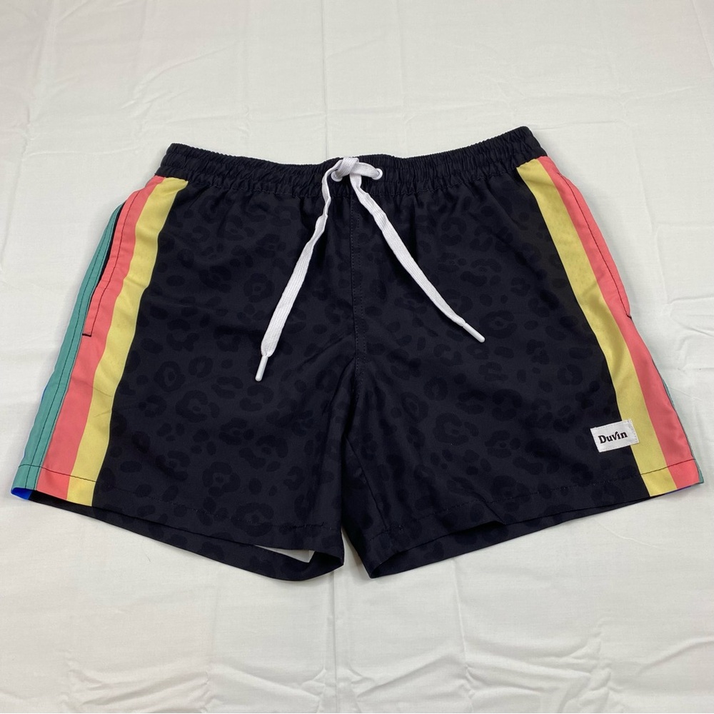 Duvin Swim Shorts Men’s Size Small Black Multicolor Stripes Animal Print NWOT
